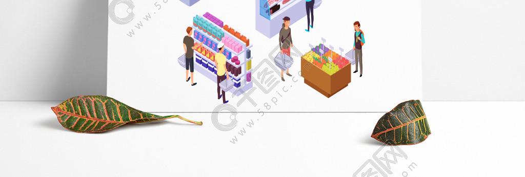 等距杂货店3d与购物人客户和产品的超市内部零售矢量集3d超市商店,与